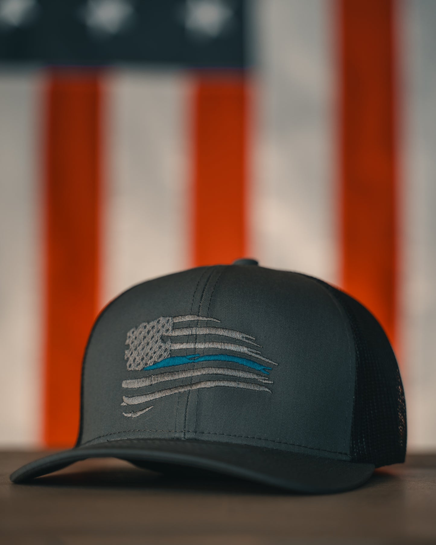 Distressed Thin Blue Flag Snapback Hat - Charcoal Grey and Black