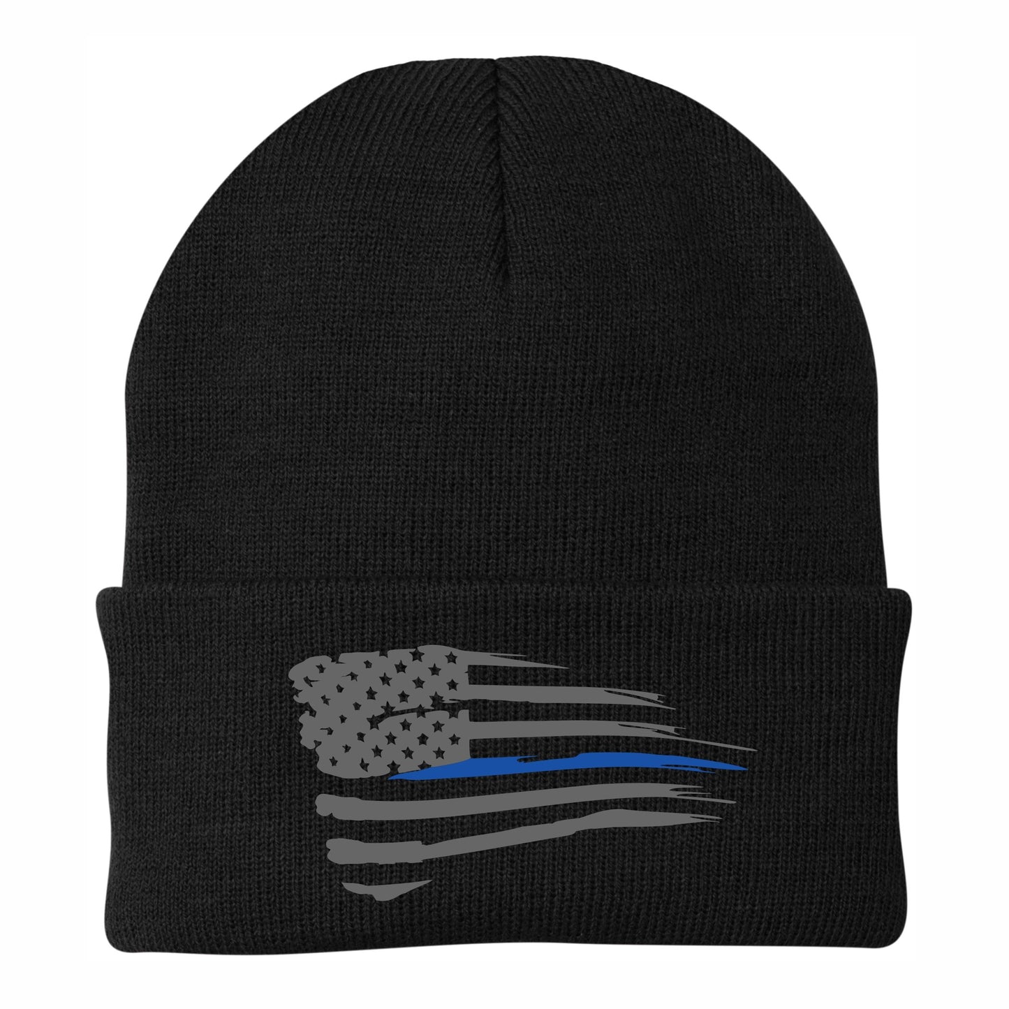 Distressed Thin Blue Line Knit Cap - Black