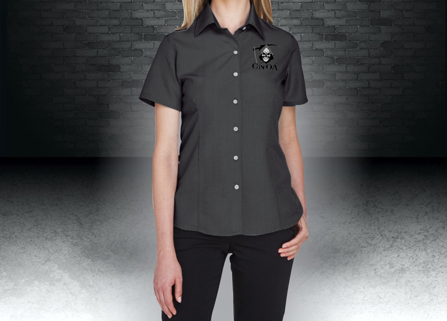 CNOA Grim Reaper Harriton Ladies' Barbados Textured Camp Shirt - BLACK