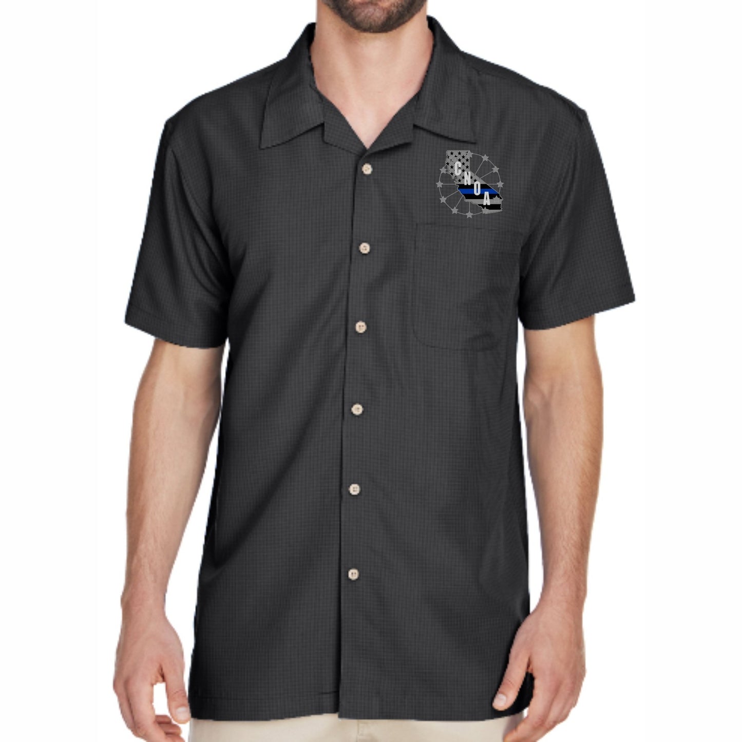 CNOA Blue Line Flag - Harriton Men's Barbados Textured Camp Shirt - Black