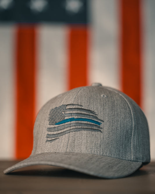 Heathered Grey - Distressed Thin Blue Line Flexfit Wooly 6-Panel Cap