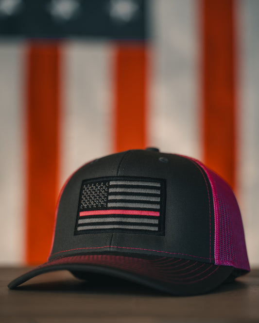 Heather Grey-Pink Mesh Back Truckers Snap Back Hat with Pink Line Flag