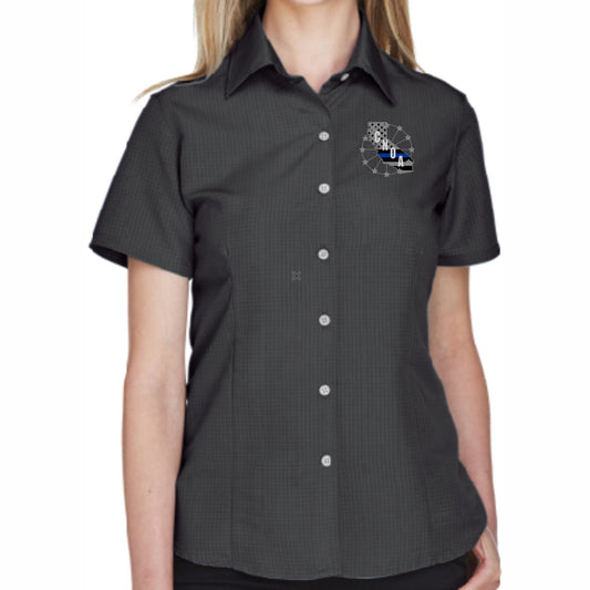 CNOA Blue Line Flag - Harriton Ladies Barbados Textured Camp Shirt - Black