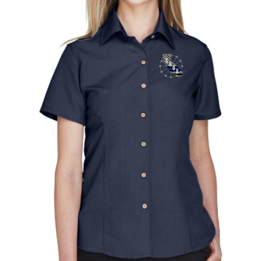 CNOA Blue Line Flag - Harriton Ladies Barbados Textured Camp Shirt - Navy